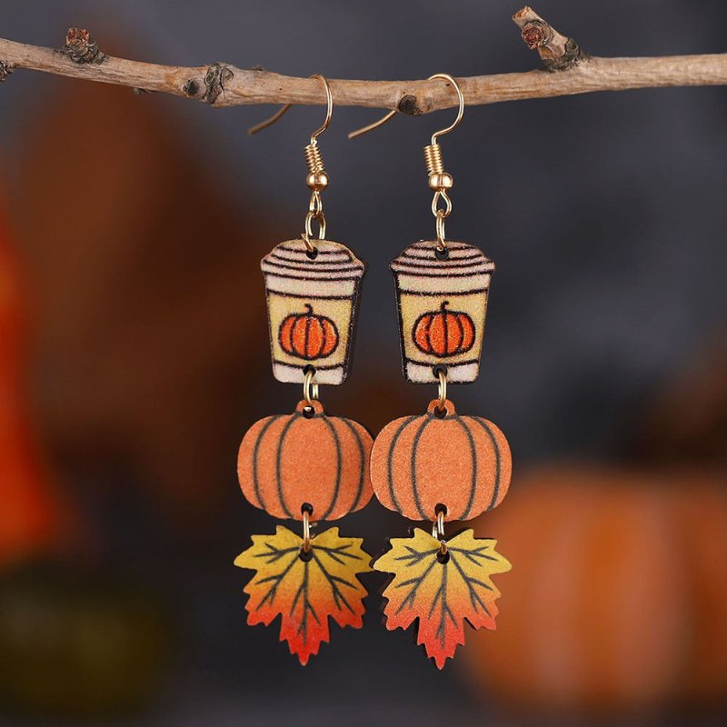 Pumpkin Maple Leaf Coffee Cup Earrings-Jewearrings