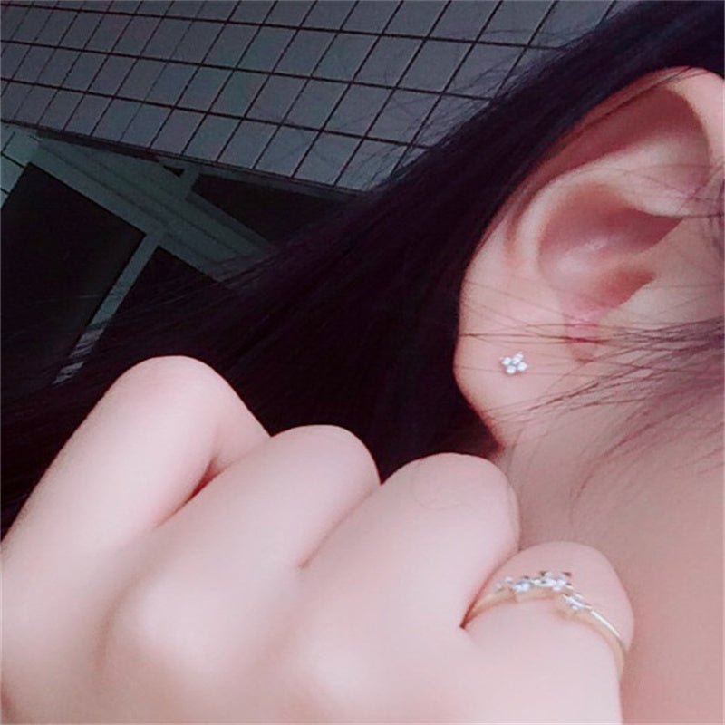 Pure 9k Gold Zircon Inlaid Diamond Style Four Small Flower Ear Studs Earrings-Jewearrings