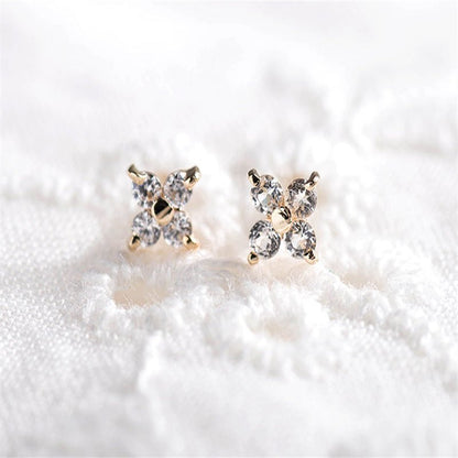 Pure 9k Gold Zircon Inlaid Diamond Style Four Small Flower Ear Studs Earrings-Jewearrings