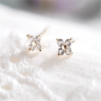 Pure 9k Gold Zircon Inlaid Diamond Style Four Small Flower Ear Studs Earrings-Jewearrings