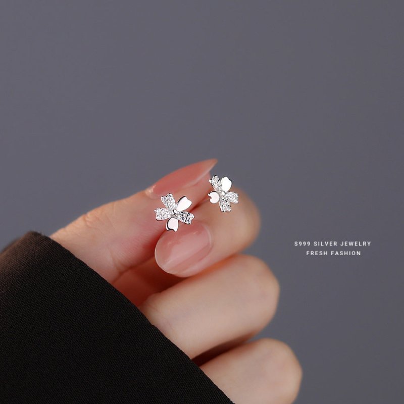 Pure Silver Diamond Cherry Blossom Ear Studs Women's Simple Flower Earrings-Jewearrings