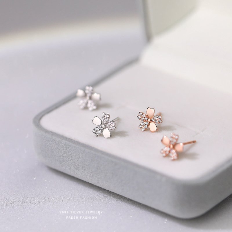 Pure Silver Diamond Cherry Blossom Ear Studs Women's Simple Flower Earrings-Jewearrings