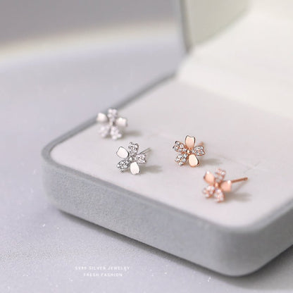 Pure Silver Diamond Cherry Blossom Ear Studs Women's Simple Flower Earrings-Jewearrings