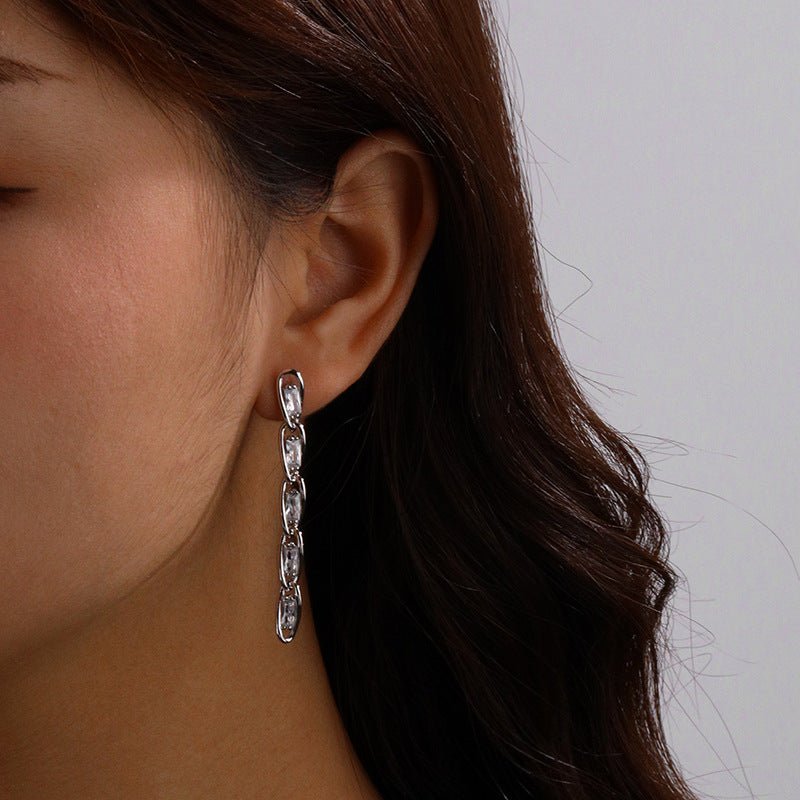 Pure Silver Earrings Cold Wind Niche Long Tassel Zircon-Jewearrings