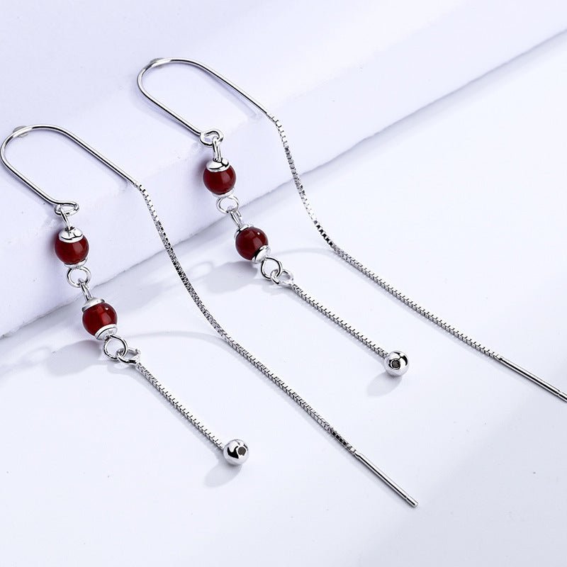 Pure Silver Earrings Natural Red Agate Female Simple Long Tassel Earrings-Jewearrings