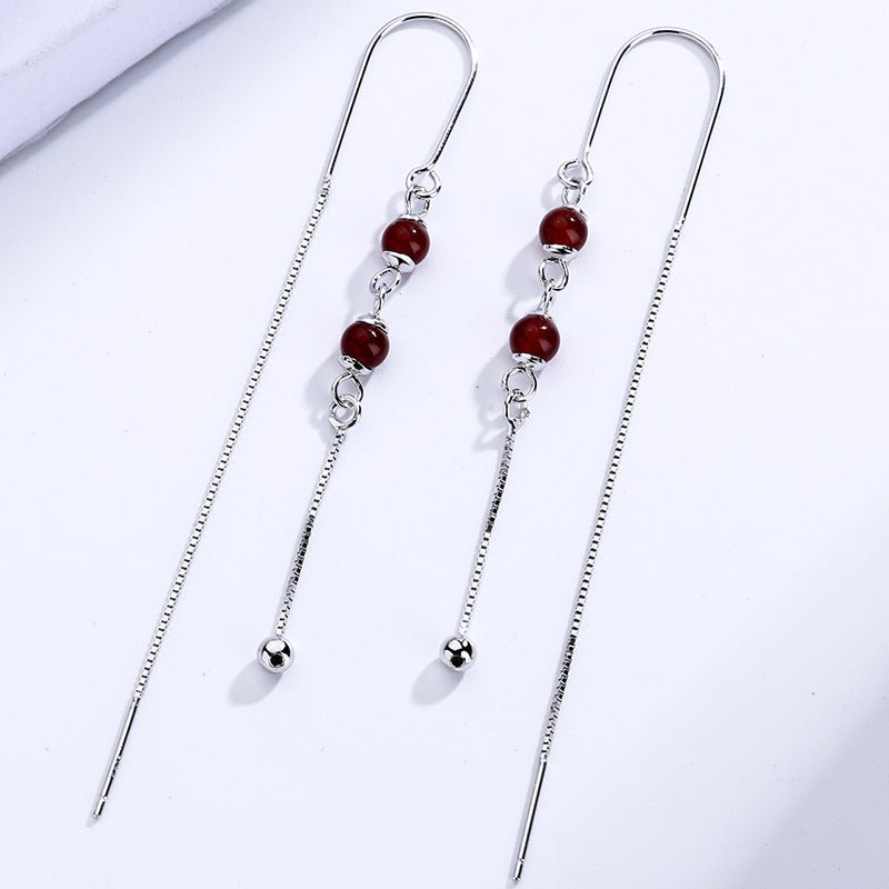 Pure Silver Earrings Natural Red Agate Female Simple Long Tassel Earrings-Jewearrings