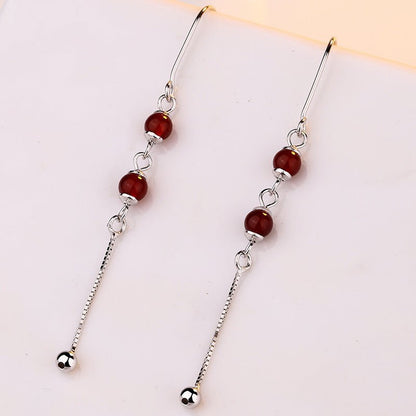 Pure Silver Earrings Natural Red Agate Female Simple Long Tassel Earrings-Jewearrings