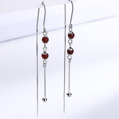 Pure Silver Earrings Natural Red Agate Female Simple Long Tassel Earrings-Jewearrings