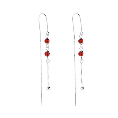 Pure Silver Earrings Natural Red Agate Female Simple Long Tassel Earrings-Jewearrings