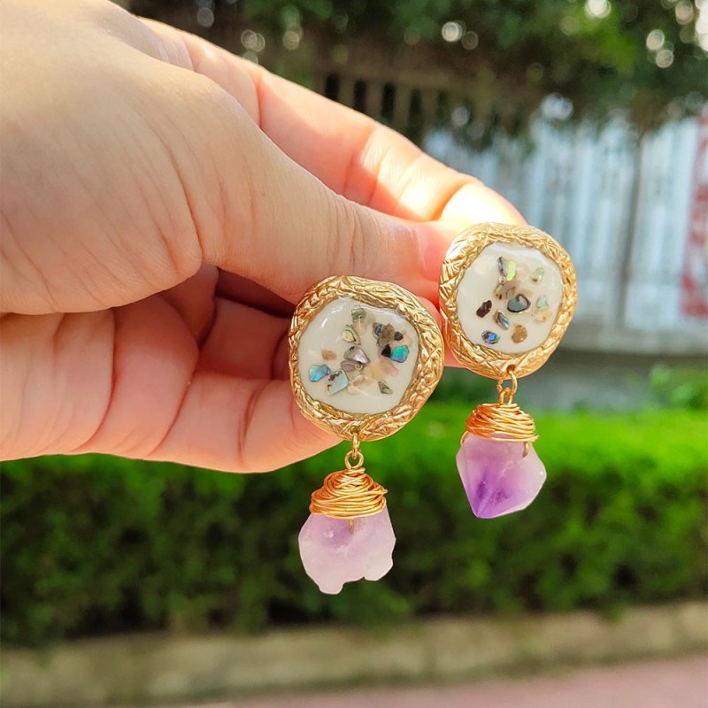 Purple Natural Stone Jewelry Colorful Crushed Shell Earrings-Jewearrings