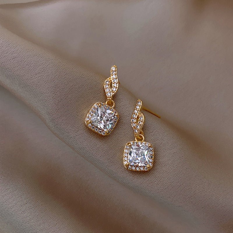 Real Gold Electroplated 925 Silver Needle Hong Kong Style Micro-Inlaid Zircon Earrings New Fashion Ladies Full Diamond Square Earrings-Jewearrings