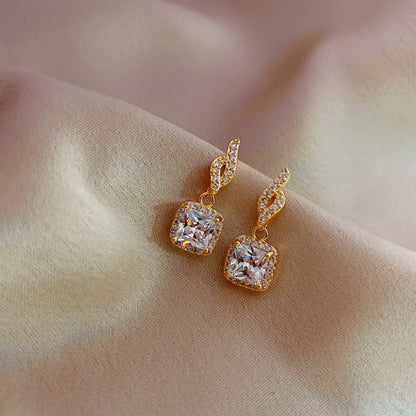 Real Gold Electroplated 925 Silver Needle Hong Kong Style Micro-Inlaid Zircon Earrings New Fashion Ladies Full Diamond Square Earrings-Jewearrings