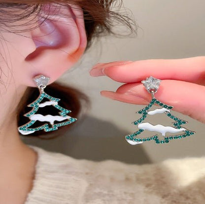 Real Gold Plated Silver Needle Fashion Zircon Diamond Embedded Star Christmas Tree Earrings-Jewearrings