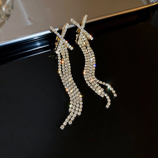 Real Gold Plating 925 Silver Needle X-shaped Diamond Tassel Earrings-Jewearrings