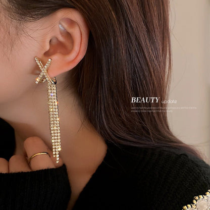 Real Gold Plating 925 Silver Needle X-shaped Diamond Tassel Earrings-Jewearrings