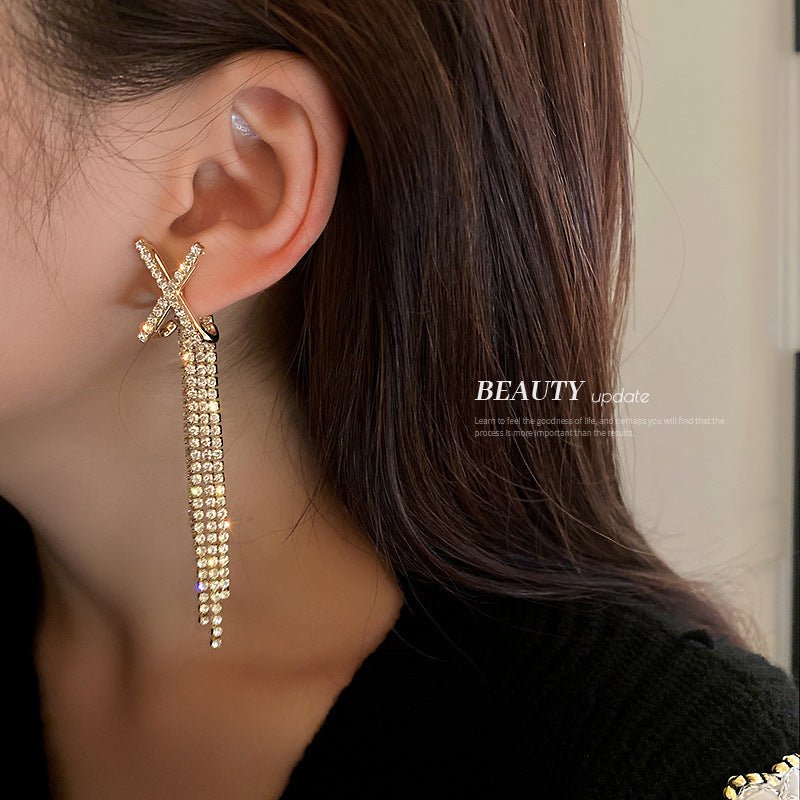 Real Gold Plating 925 Silver Needle X-shaped Diamond Tassel Earrings-Jewearrings