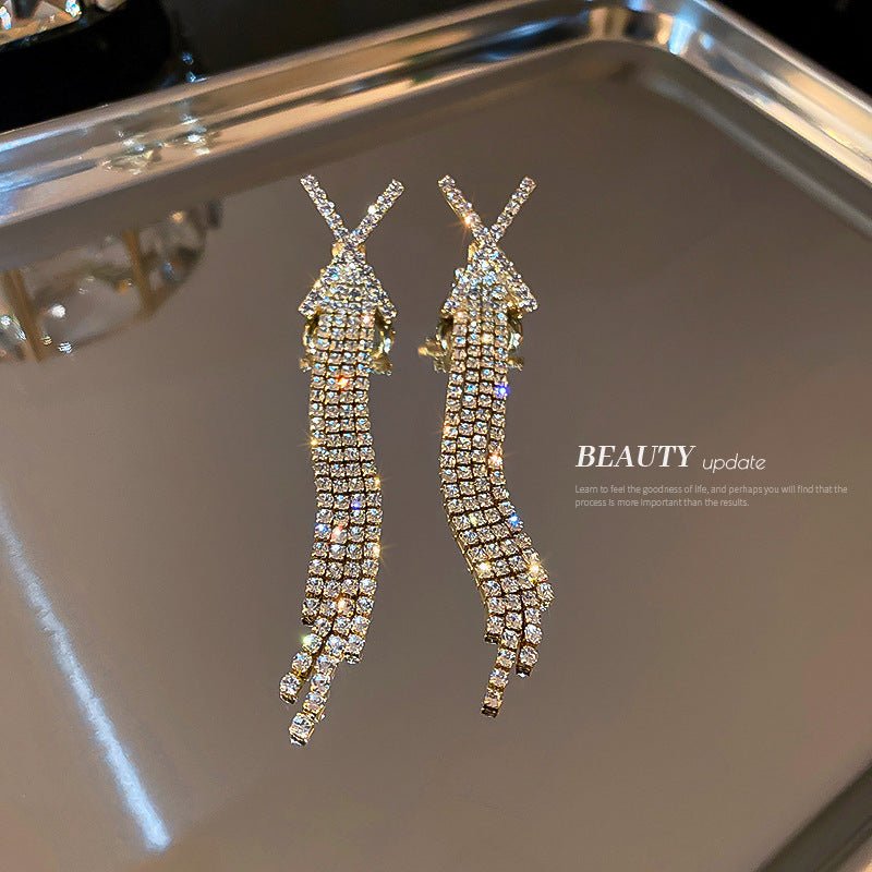 Real Gold Plating 925 Silver Needle X-shaped Diamond Tassel Earrings-Jewearrings