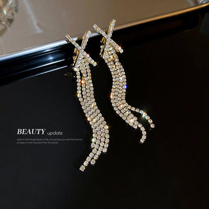 Real Gold Plating 925 Silver Needle X-shaped Diamond Tassel Earrings-Jewearrings