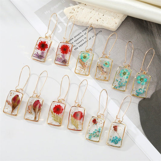 Rectangle Earrings: Transparent Floral Style-Jewearrings