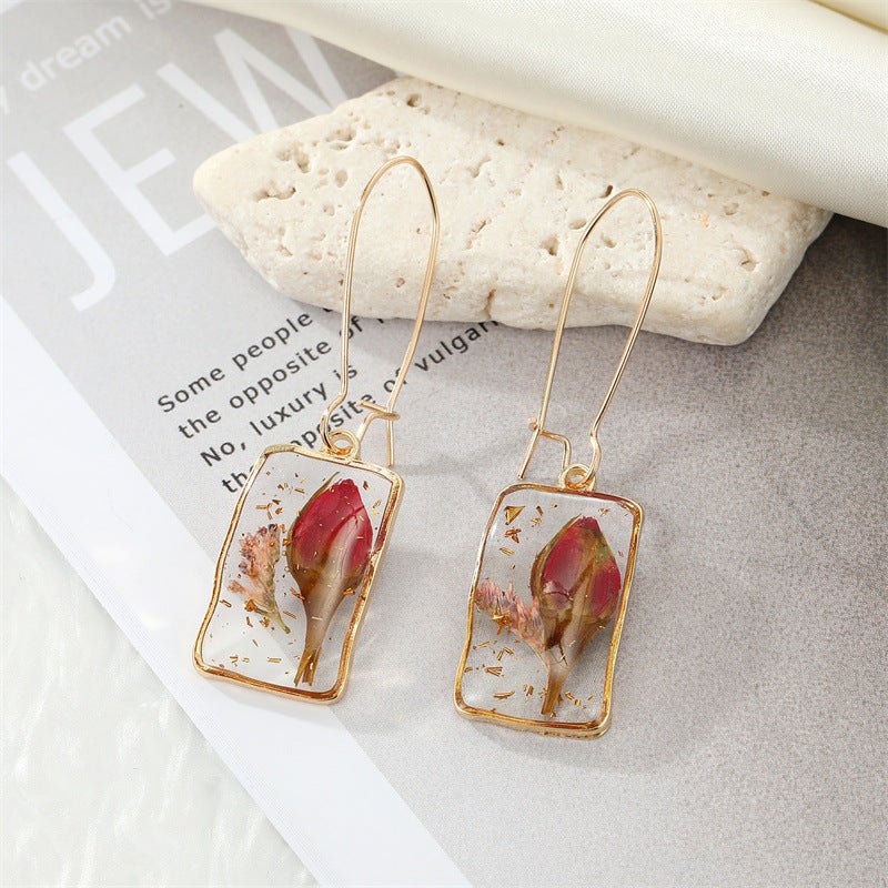 Rectangle Earrings: Transparent Floral Style-Jewearrings