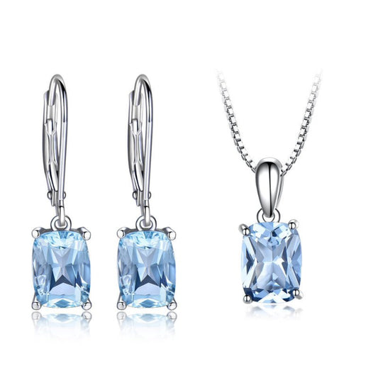 Rectangular Sky Blue Topaz Earrings And Pendant Set-Jewearrings