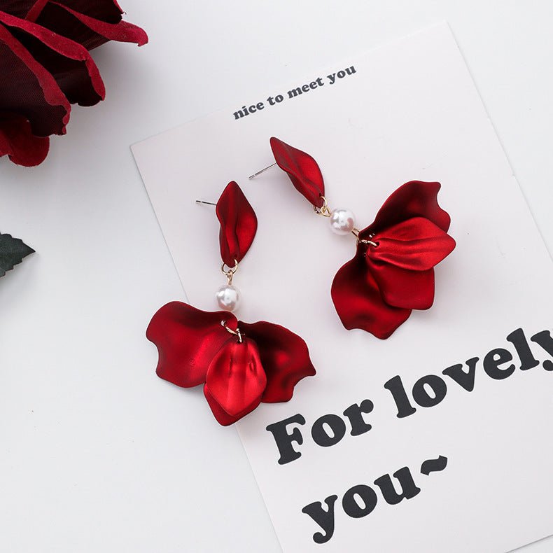 Red rose petal sequin big earrings-Jewearrings