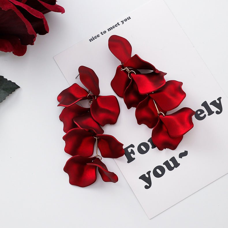 Red rose petal sequin big earrings-Jewearrings