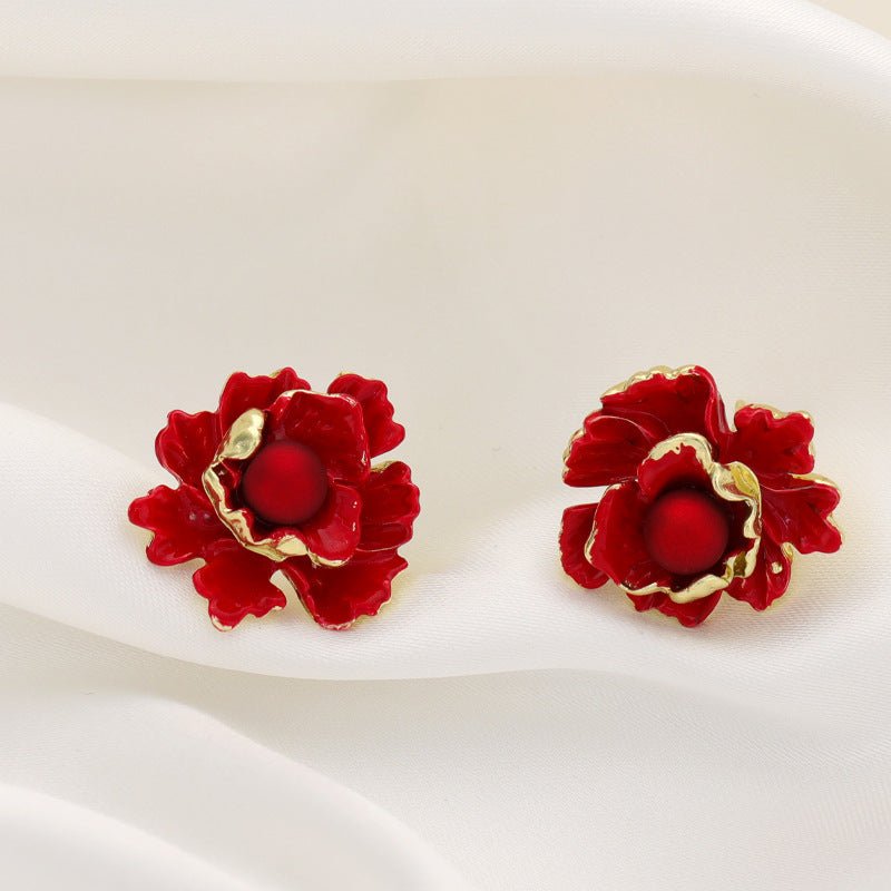 Retro Big Red Sterling Silver Needle Women's Niche Flower Stud Earrings-Jewearrings