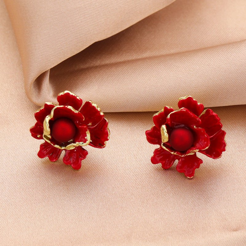 Retro Big Red Sterling Silver Needle Women's Niche Flower Stud Earrings-Jewearrings