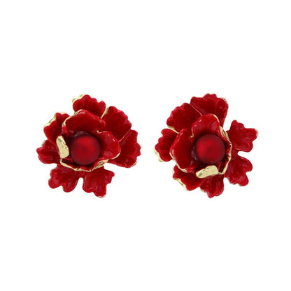 Retro Big Red Sterling Silver Needle Women's Niche Flower Stud Earrings-Jewearrings