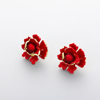 Retro Big Red Sterling Silver Needle Women's Niche Flower Stud Earrings-Jewearrings