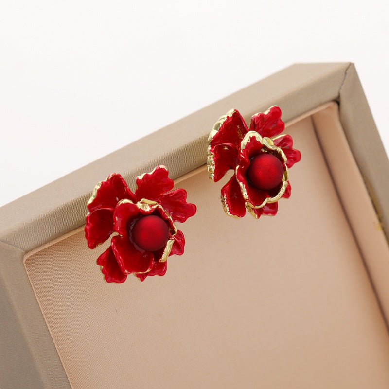 Retro Big Red Sterling Silver Needle Women's Niche Flower Stud Earrings-Jewearrings