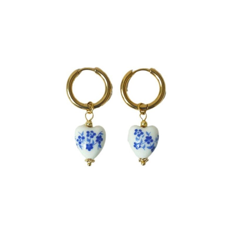 Retro Chinese Style Heart-shaped Blue And White Porcelain Necklace Women's Titanium Steel Elegant Wild Earrings-Jewearrings