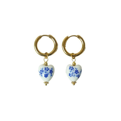 Retro Chinese Style Heart-shaped Blue And White Porcelain Necklace Women's Titanium Steel Elegant Wild Earrings-Jewearrings