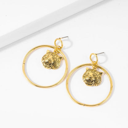 Retro Exaggerated Lion Head Big Circle Earrings-Jewearrings