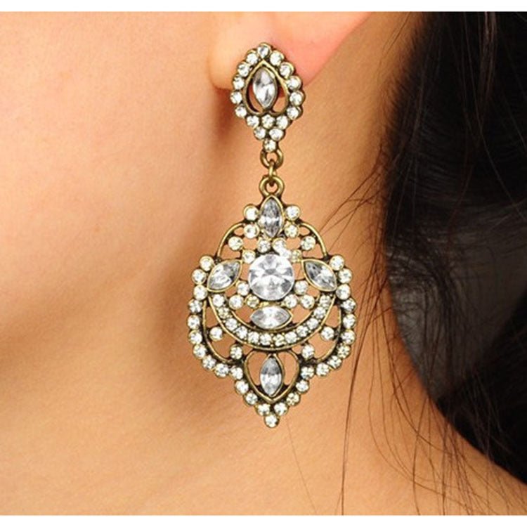 Retro Personality Diamond Drop-shaped Hollow Crystal Earrings-Jewearrings