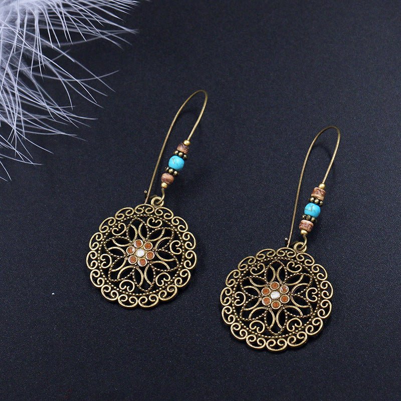 Retro Round Hollow Flower Big Earrings European And American Fashion Jewelry-Jewearrings