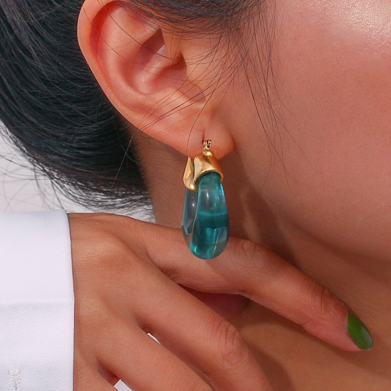 Retro Stainless Steel Exaggerated Acrylic Green U-shaped Earrings-Jewearrings