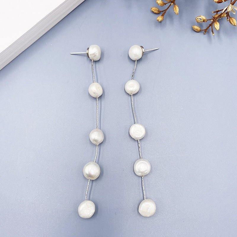 Retro Sterling Silver Needle Natural Pearl Long Earrings-Jewearrings