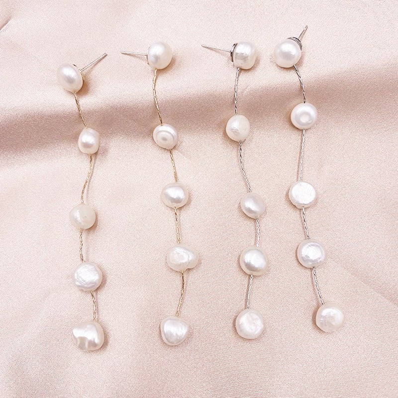 Retro Sterling Silver Needle Natural Pearl Long Earrings-Jewearrings