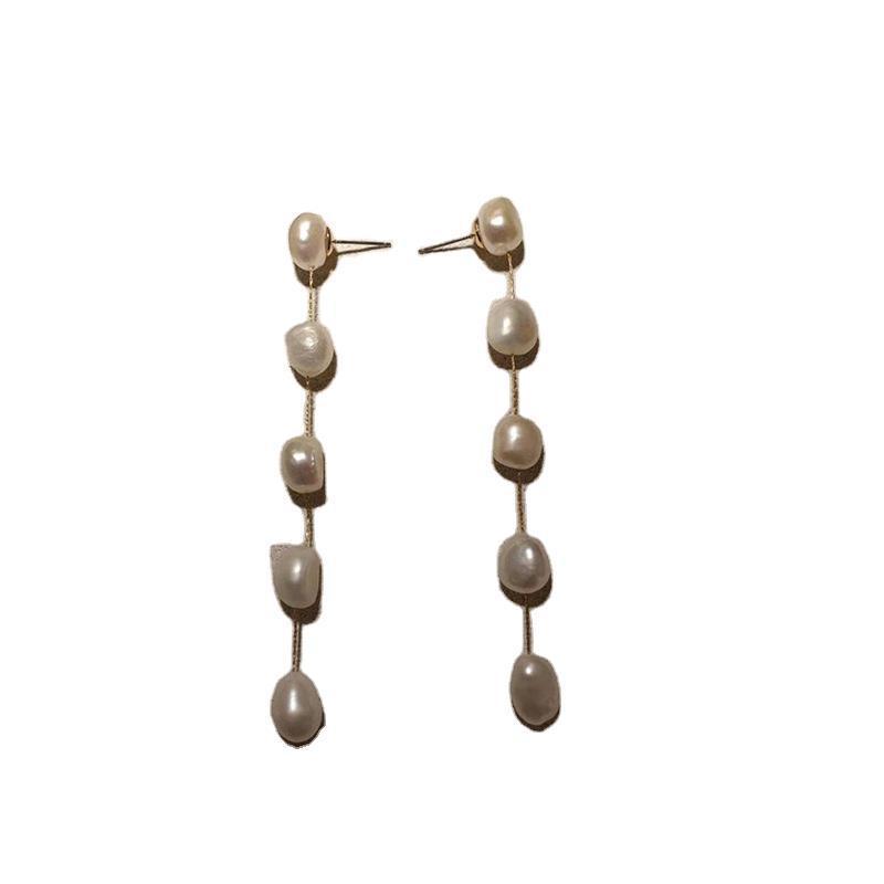 Retro Sterling Silver Needle Natural Pearl Long Earrings-Jewearrings