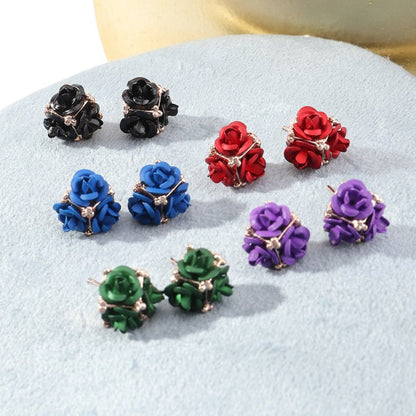 Retro Temperament Stereo Rose Stud Earrings Cute Multicolor Flower Earrings-Jewearrings