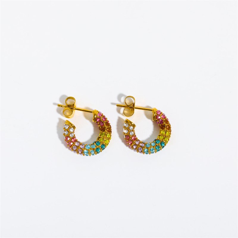 Rhinestone Earrings Ear Clip Stainless Steel Colorful Full Diamond-Jewearrings