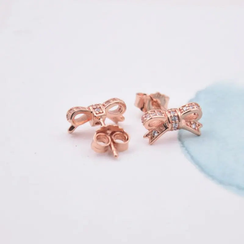 Rose Gold Bow Earrings with Crystals - 925 Sterling Silver-Jewearrings