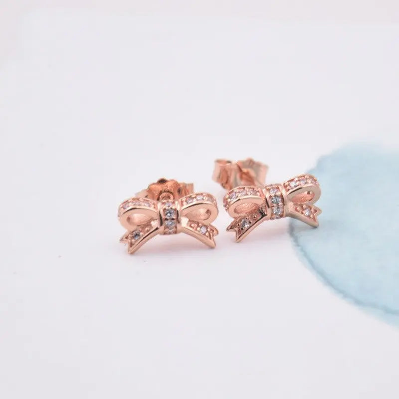 Rose Gold Bow Earrings with Crystals - 925 Sterling Silver-Jewearrings