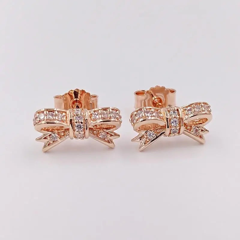 Rose Gold Bow Earrings with Crystals - 925 Sterling Silver-Jewearrings