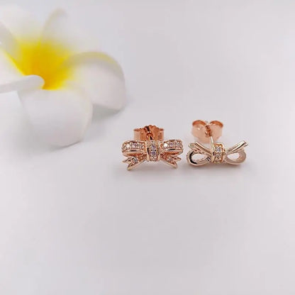 Rose Gold Bow Earrings with Crystals - 925 Sterling Silver-Jewearrings