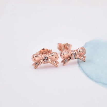 Rose Gold Bow Earrings with Crystals - 925 Sterling Silver-Jewearrings