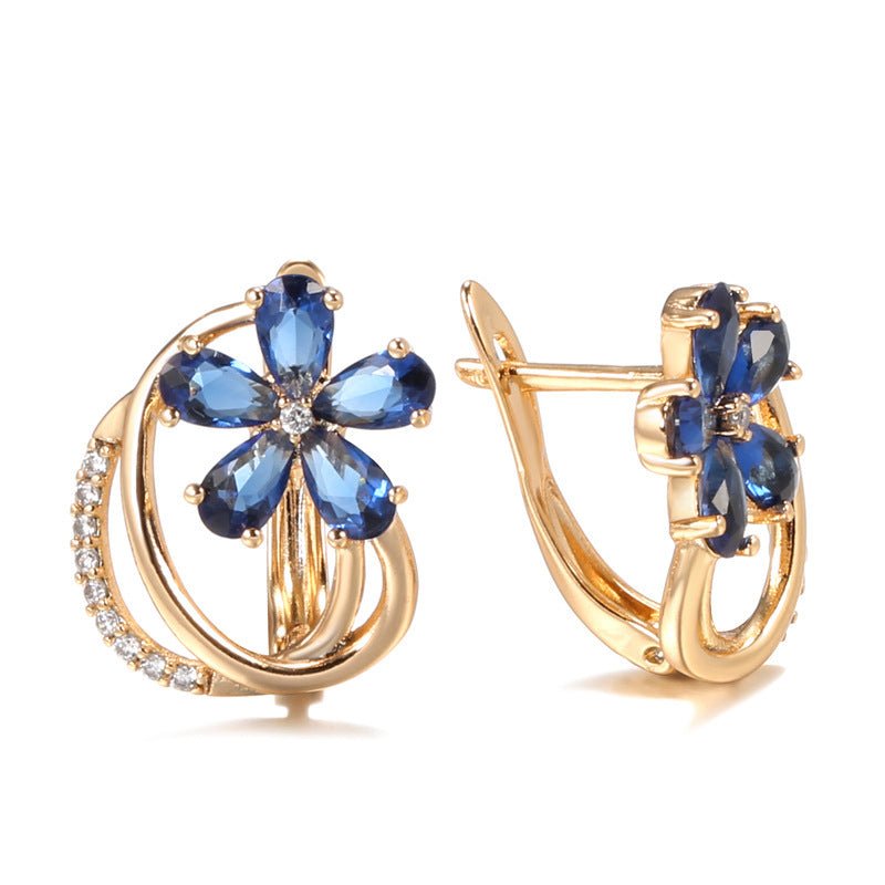 Rose Gold Zircon Earrings Blue Small Flower Ladies-Jewearrings