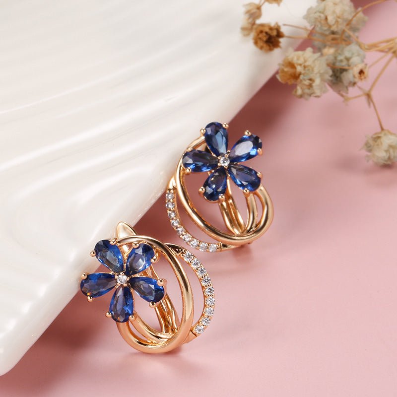 Rose Gold Zircon Earrings Blue Small Flower Ladies-Jewearrings